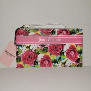 Juicy Couture White Multirose Gothic Logo Stripe Envelope Wristlet